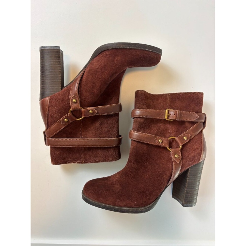 UGG Brown Suede Harness Ankle Boots Block Heel Size 8 - Picture 3 of 8